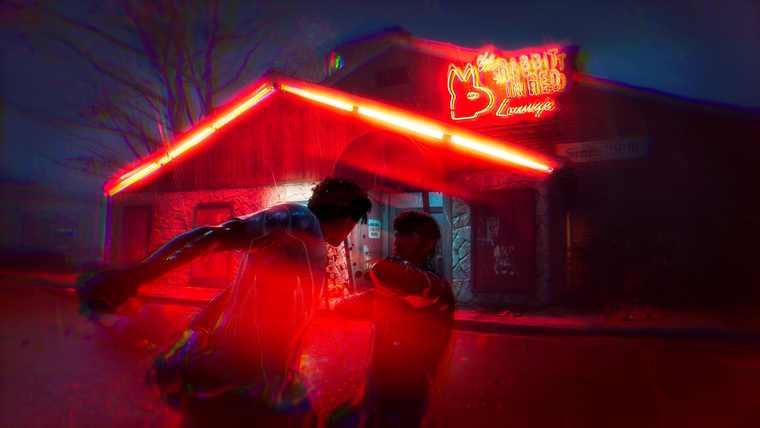 Michael Myers dragging a victim under the red neon sign of the Rabbit in Red Lounge