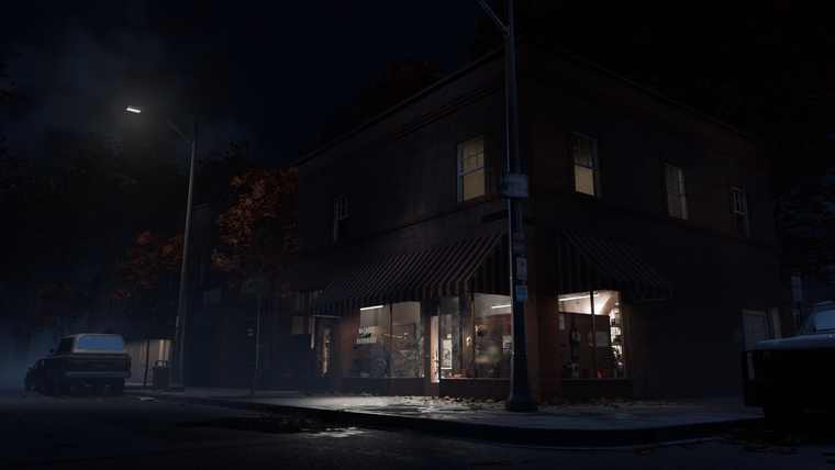 A corner shop lit up on a dark Haddonfield street
